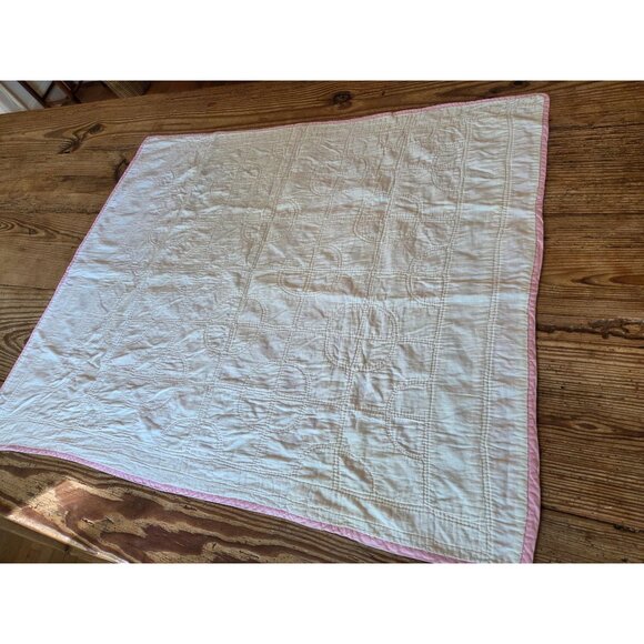 Handmade Pink White Patchwork Quilt Baby Blanket Throw 32x39 Cottagecore Prarie - Picture 7 of 7
